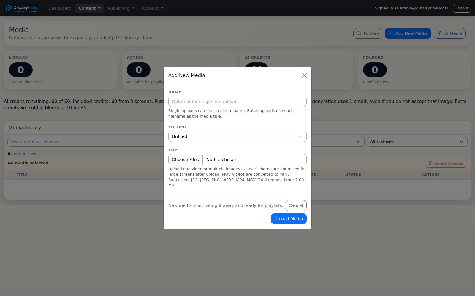 DisplayFlow Add New Media window showing media import controls