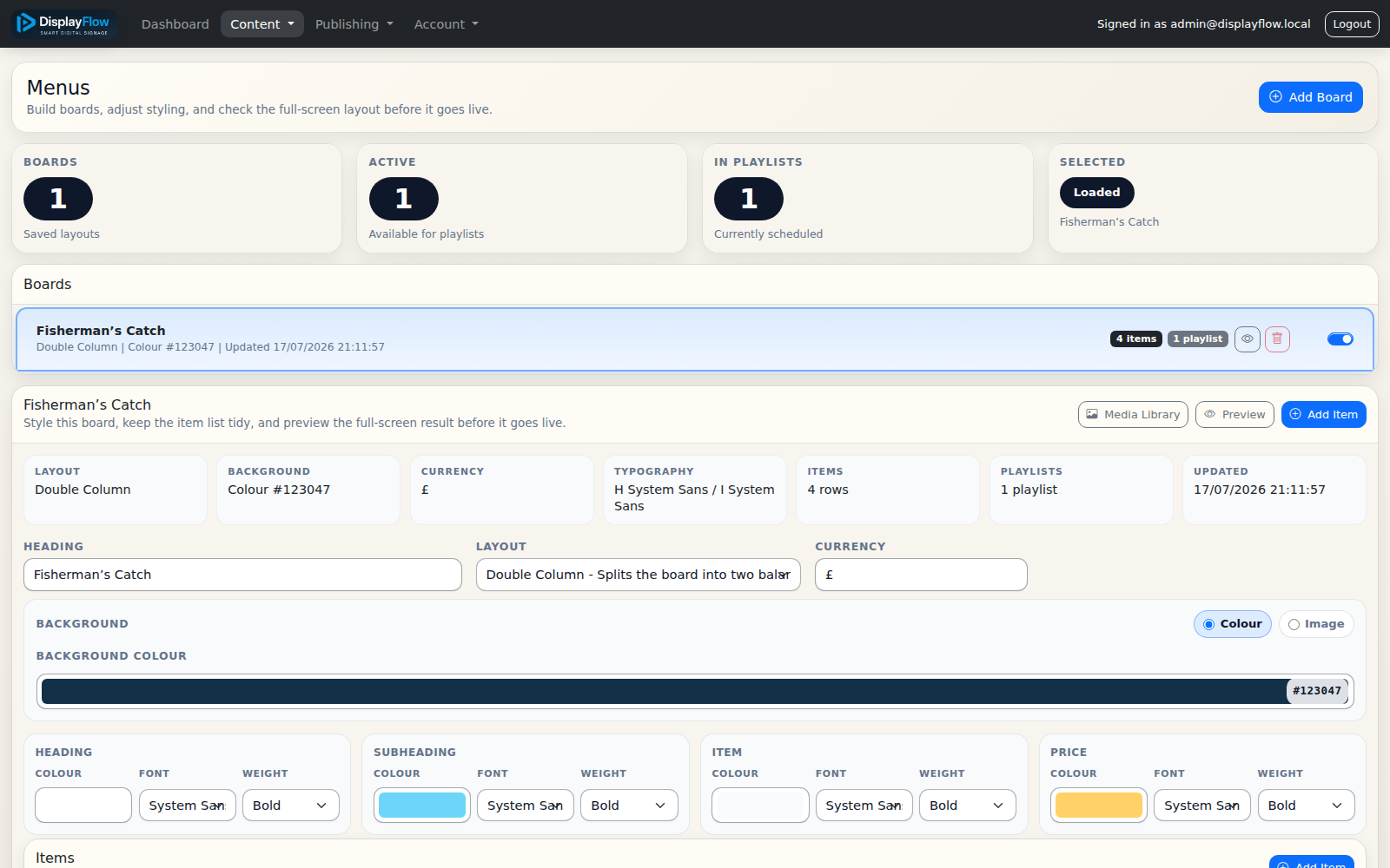 Current DisplayFlow menu builder showing Auto Fit layouts, live preview, themes, and layout guidance