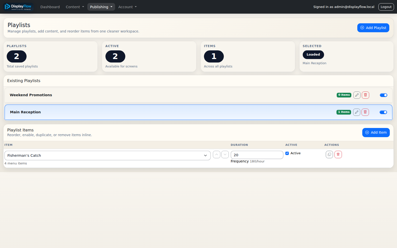 DisplayFlow playlist editor showing two playlists and an active menu item