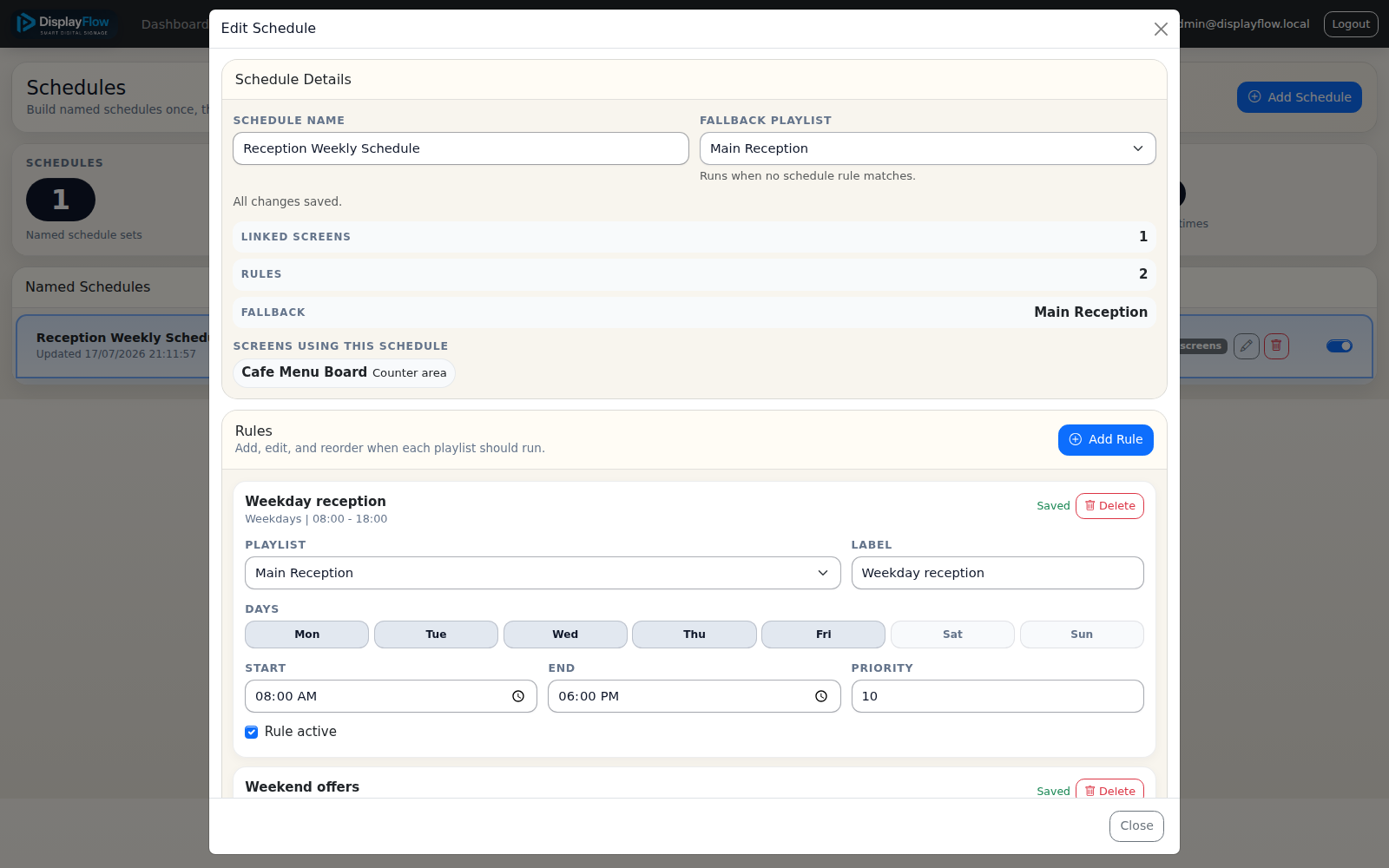 DisplayFlow schedule editor showing fallback playlist and weekday and weekend rules