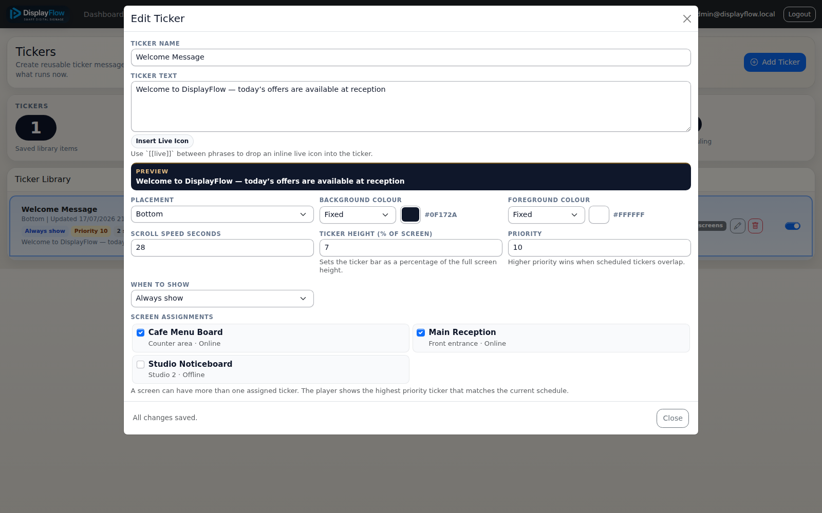 DisplayFlow ticker editor showing message preview, colour, placement, priority, and screen assignments