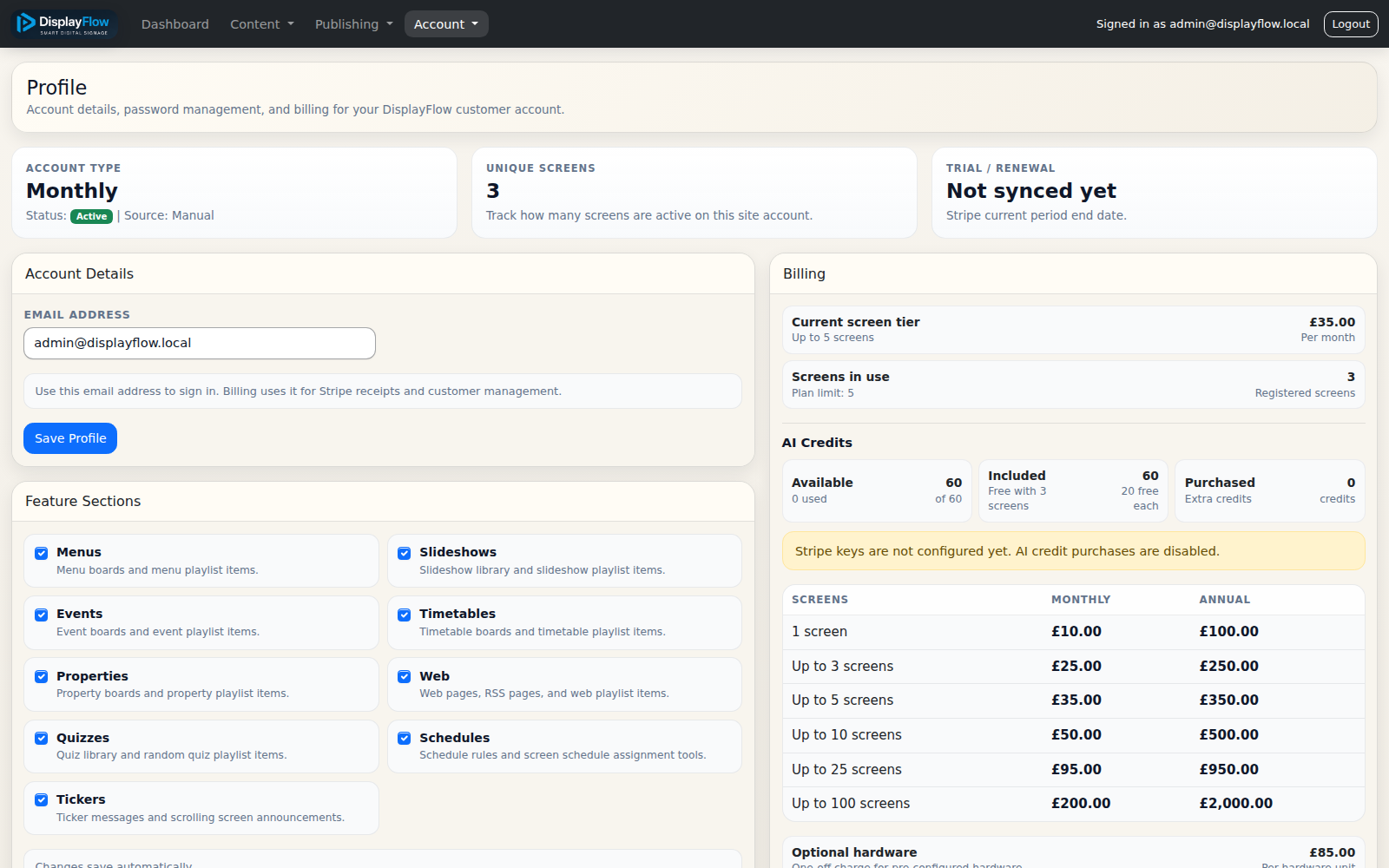 DisplayFlow profile page showing account details, feature switches, billing tier, and AI credits